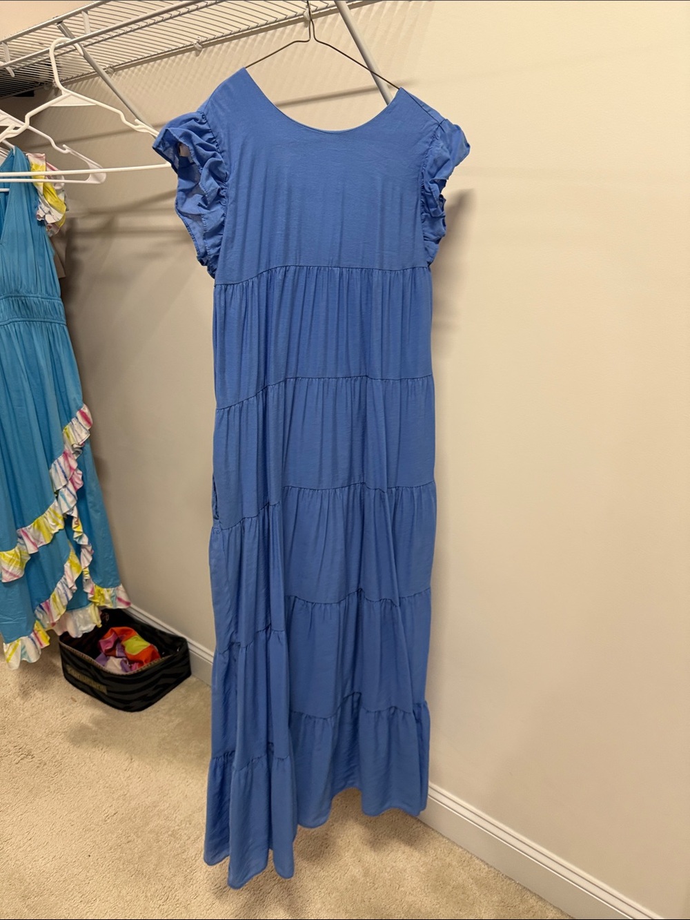 Blue Tiered Maxi Dress with Ruffle Sleeves